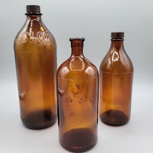 Vintage Brown Glass Clorox Bottles With Embossed Logo Rustic Decor Set Of 3